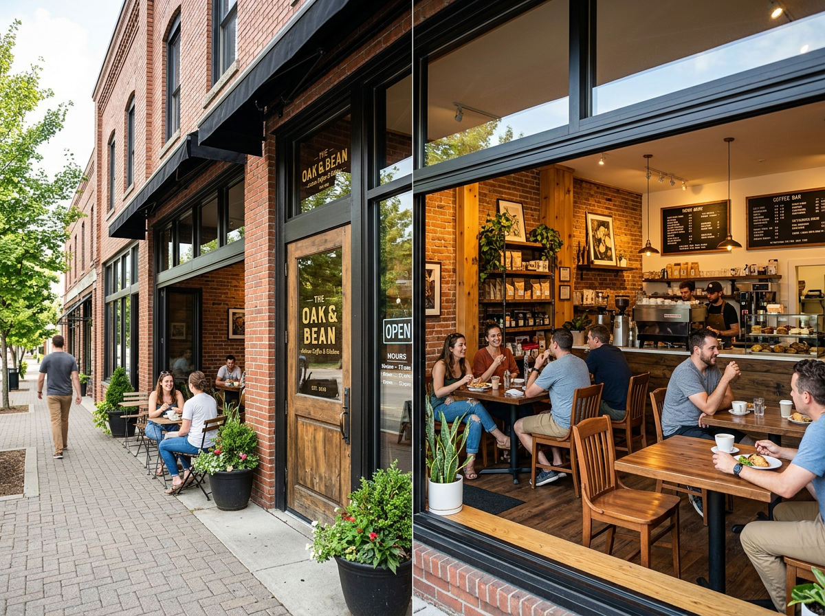 Commercial quality enhanced photos of a local storefront and cafe